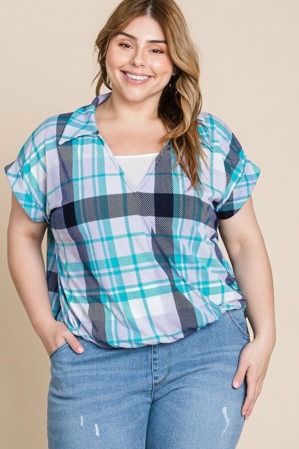 Plus Size Multi Colored Check Printed Casual Collared Short Sleeve Top Tops