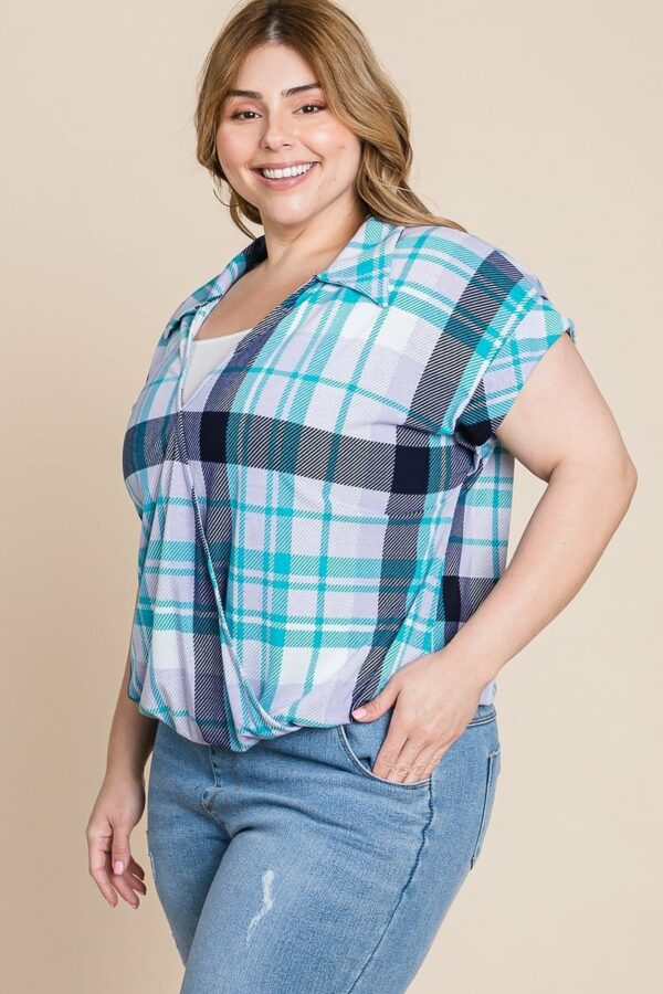 Plus Size Multi Colored Check Printed Casual Collared Short Sleeve Top Tops