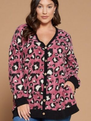 Plus Size Cozy Animal Mir Print With Brush Button Up Cardigan outerwear