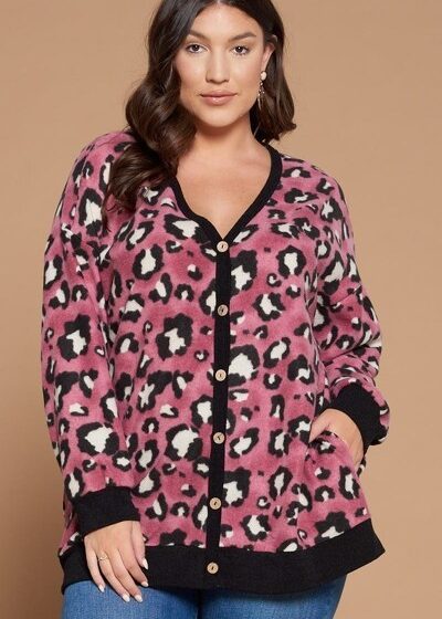 Plus Size Cozy Animal Mir Print With Brush Button Up Cardigan outerwear