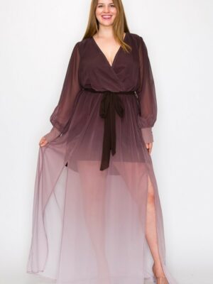 Ombre Chiffon Wrap Front Long Sleeve Tie Waist Slit Front Maxi Dress Dresses