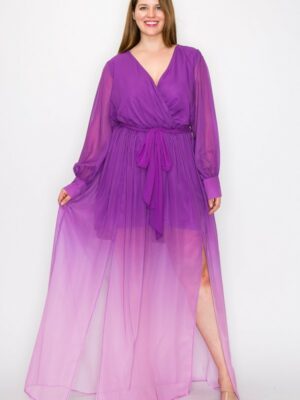 Ombre Chiffon Wrap Front Long Sleeve Tie Waist Slit Front Maxi Dress Dresses