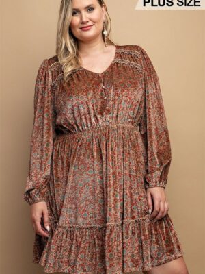 Printed Velvet V-neck Dress With Button Front Detail Dresses