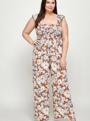 Floral Print Smocked Jumpsuit Rompers