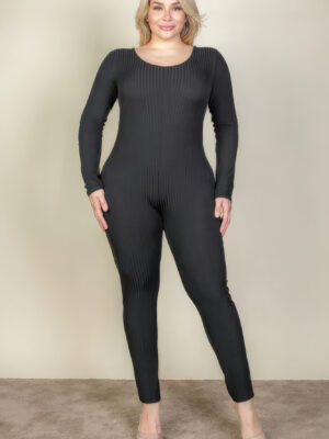 Plus Size Ribbed Scoop Neck Long Sleeve Jumpsuit Basics