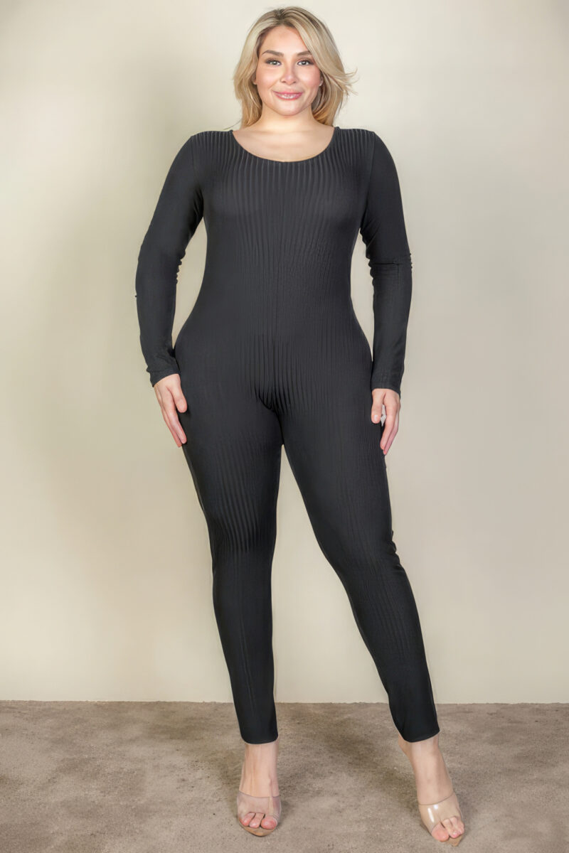 Plus Size Ribbed Scoop Neck Long Sleeve Jumpsuit Basics