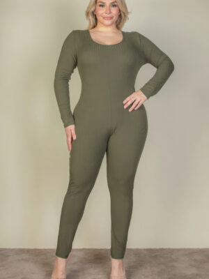 Plus Size Ribbed Scoop Neck Long Sleeve Jumpsuit Basics