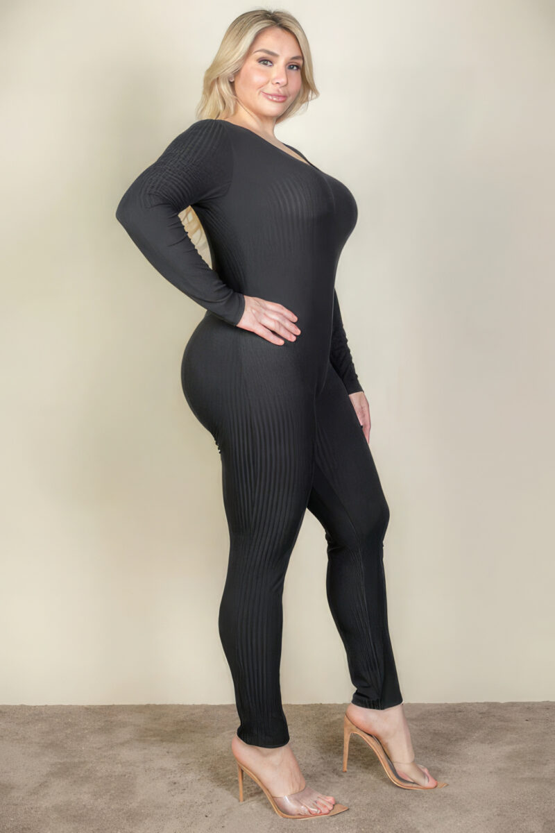 Plus Size Ribbed Scoop Neck Long Sleeve Jumpsuit Basics