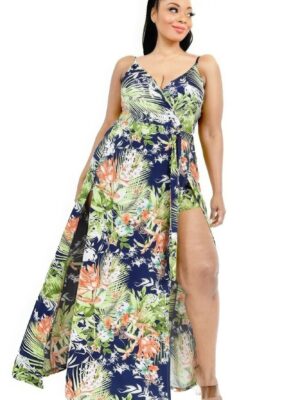 Plus Tropical Leaf Print Surplice Maxi Dress Dresses