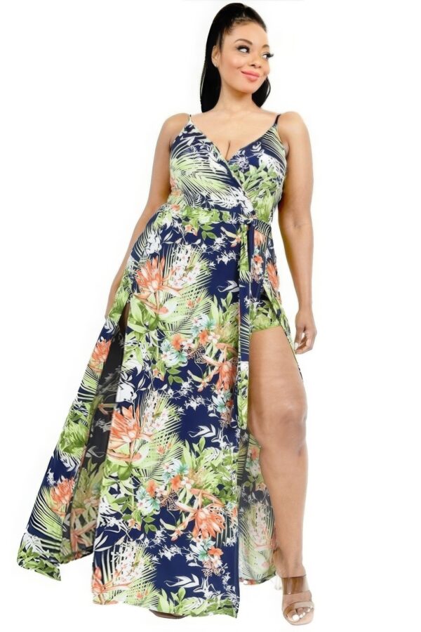 Plus Tropical Leaf Print Surplice Maxi Dress Dresses