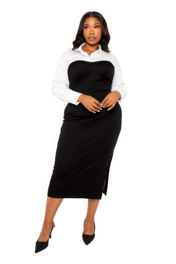 Collared Shirt Bodycon Midi Dress With Side Slit Dresses