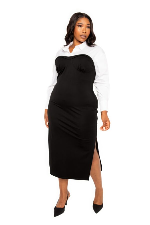 Collared Shirt Bodycon Midi Dress With Side Slit Dresses