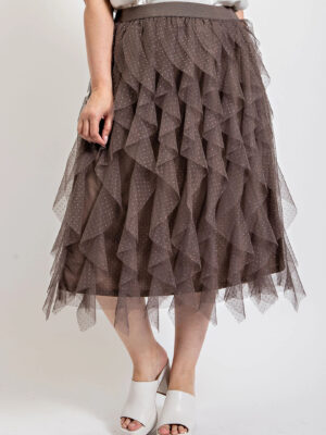 Ruffled Tulle Midi Skirt With Elastic Waist Band Bottoms