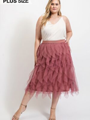 Ruffled Tulle Midi Skirt With Elastic Waist Band Bottoms