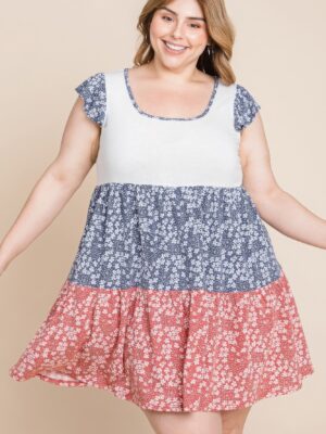 Plus Size Floral Color Block Contrast Tiered Babydoll Dress Dresses