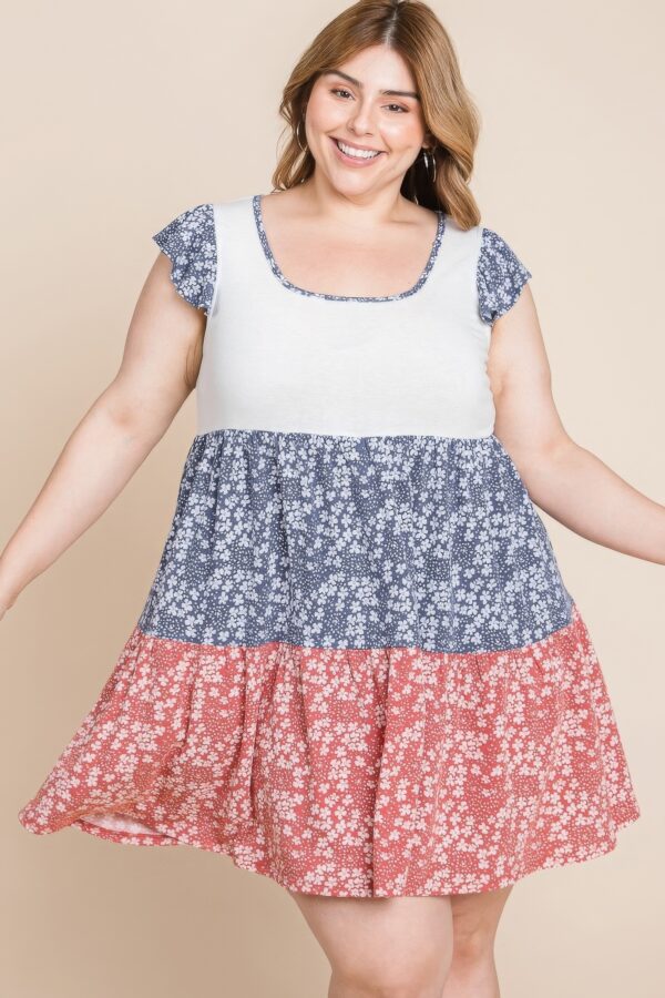 Plus Size Floral Color Block Contrast Tiered Babydoll Dress Dresses