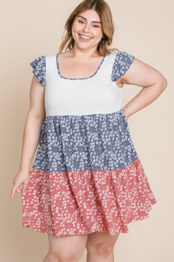 Plus Size Floral Color Block Contrast Tiered Babydoll Dress Dresses