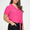 Plus Solid Chiffon Button Down Tie Front Short Sleeve Top Tops