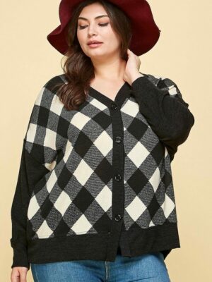 Plus Size Buffalo Plaid Knit Button Up Oversize Cardigan Tops