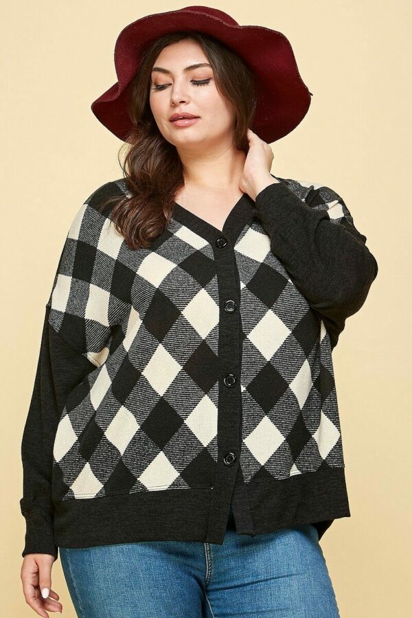 Plus Size Buffalo Plaid Knit Button Up Oversize Cardigan Tops