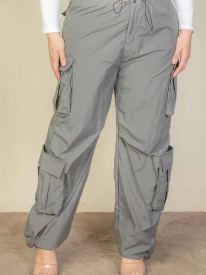 Plus Size Flap Pockets Drawstring Ruched Parachute Pants Bottoms