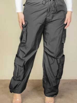 Plus Size Flap Pockets Drawstring Ruched Parachute Pants Bottoms