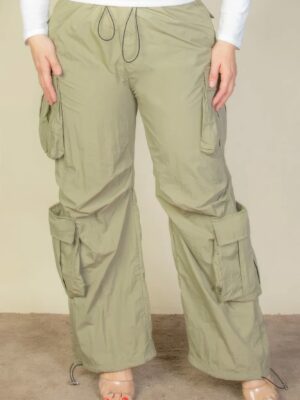 Plus Size Flap Pockets Drawstring Ruched Parachute Pants Bottoms