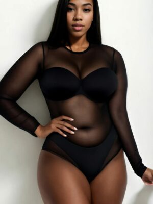 Plus Size Sexy Sheer Mesh Long Sleeve Bodysuit Lingerie