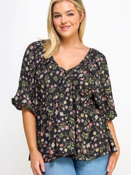 Floral V-neck Babydoll Balloon Slv Top Tops