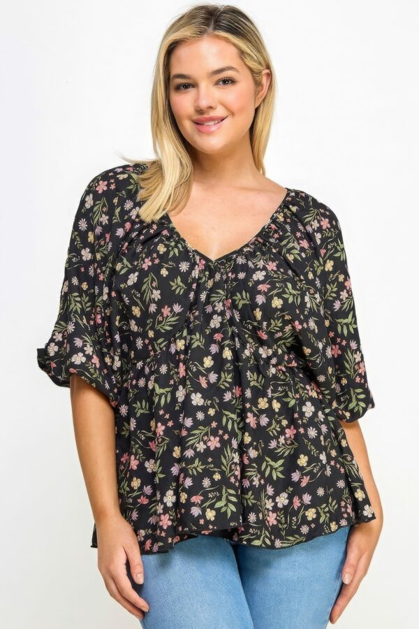 Floral V-neck Babydoll Balloon Slv Top Tops