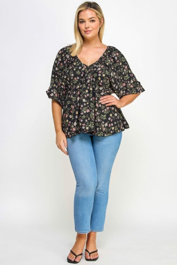 Floral V-neck Babydoll Balloon Slv Top Tops