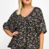 Floral V-neck Babydoll Balloon Slv Top Tops