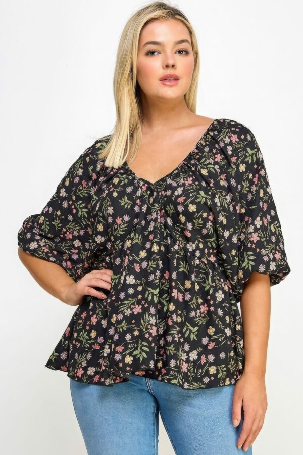 Floral V-neck Babydoll Balloon Slv Top Tops