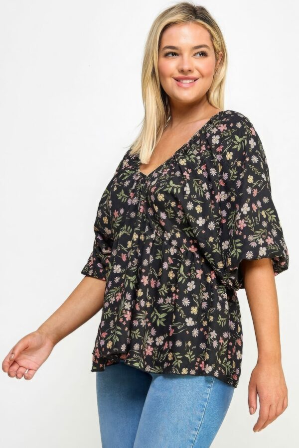 Floral V-neck Babydoll Balloon Slv Top Tops