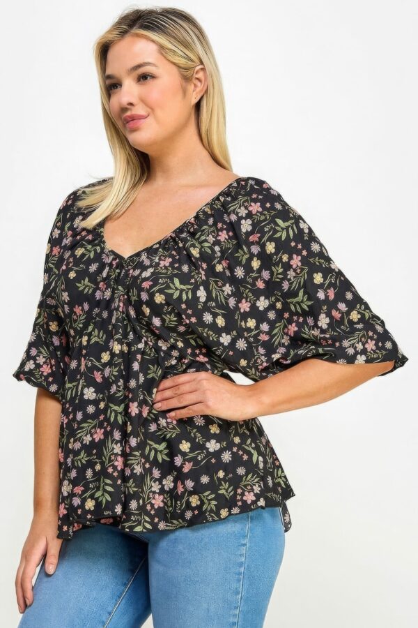 Floral V-neck Babydoll Balloon Slv Top Tops