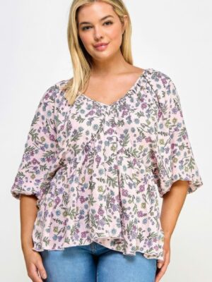 Floral V-neck Babydoll Balloon Slv Top Tops