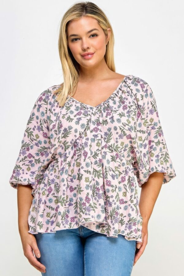 Floral V-neck Babydoll Balloon Slv Top Tops