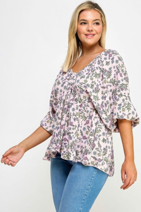 Floral V-neck Babydoll Balloon Slv Top Tops