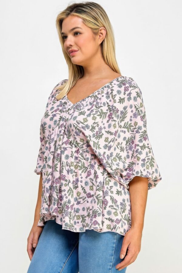 Floral V-neck Babydoll Balloon Slv Top Tops