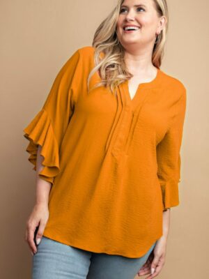 Ruffled Bell Sleeve And Front Pleated Detail Top Tops