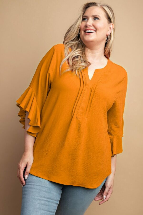 Ruffled Bell Sleeve And Front Pleated Detail Top Tops