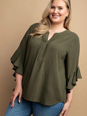 Ruffled Bell Sleeve And Front Pleated Detail Top Tops