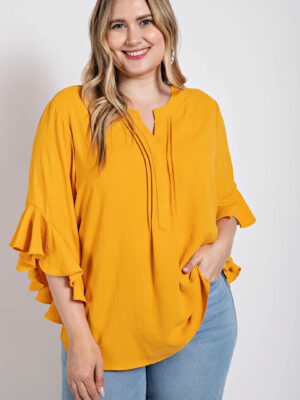 Ruffled Bell Sleeve And Front Pleated Detail Top Tops