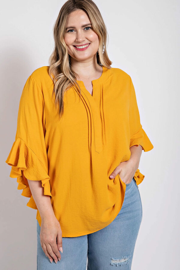 Ruffled Bell Sleeve And Front Pleated Detail Top Tops