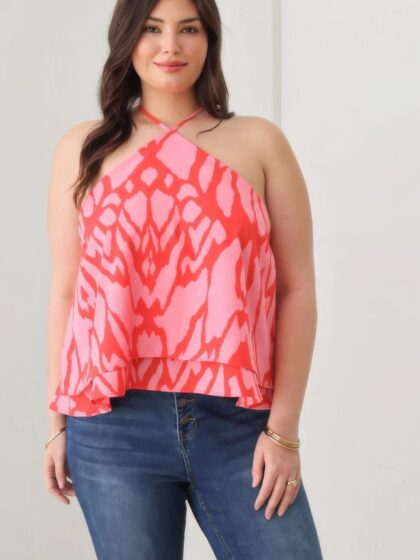 Plus Size Abstract Print Halter Ruffle Hem Top Tops