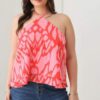 Plus Size Abstract Print Halter Ruffle Hem Top Tops