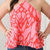 Plus Size Abstract Print Halter Ruffle Hem Top Tops