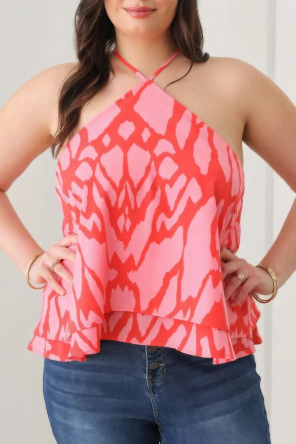 Plus Size Abstract Print Halter Ruffle Hem Top Tops