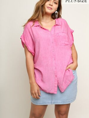 Washed Button Up Short Sleeve Top With Frayed Hemline Tops