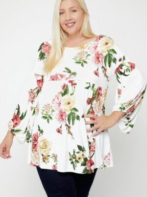 Floral, Bubble Sleeve Tunic Tops